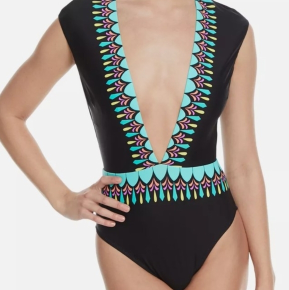 Trina Turk Black Teal & Pink Plunging One Piece Swimsuit